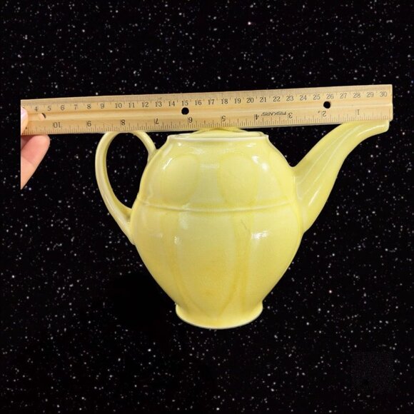 Vintage Light Yellow Stoneware Ceramic Teapot Yellow Glazed Paneled W Lid 9”W - Picture 6 of 16